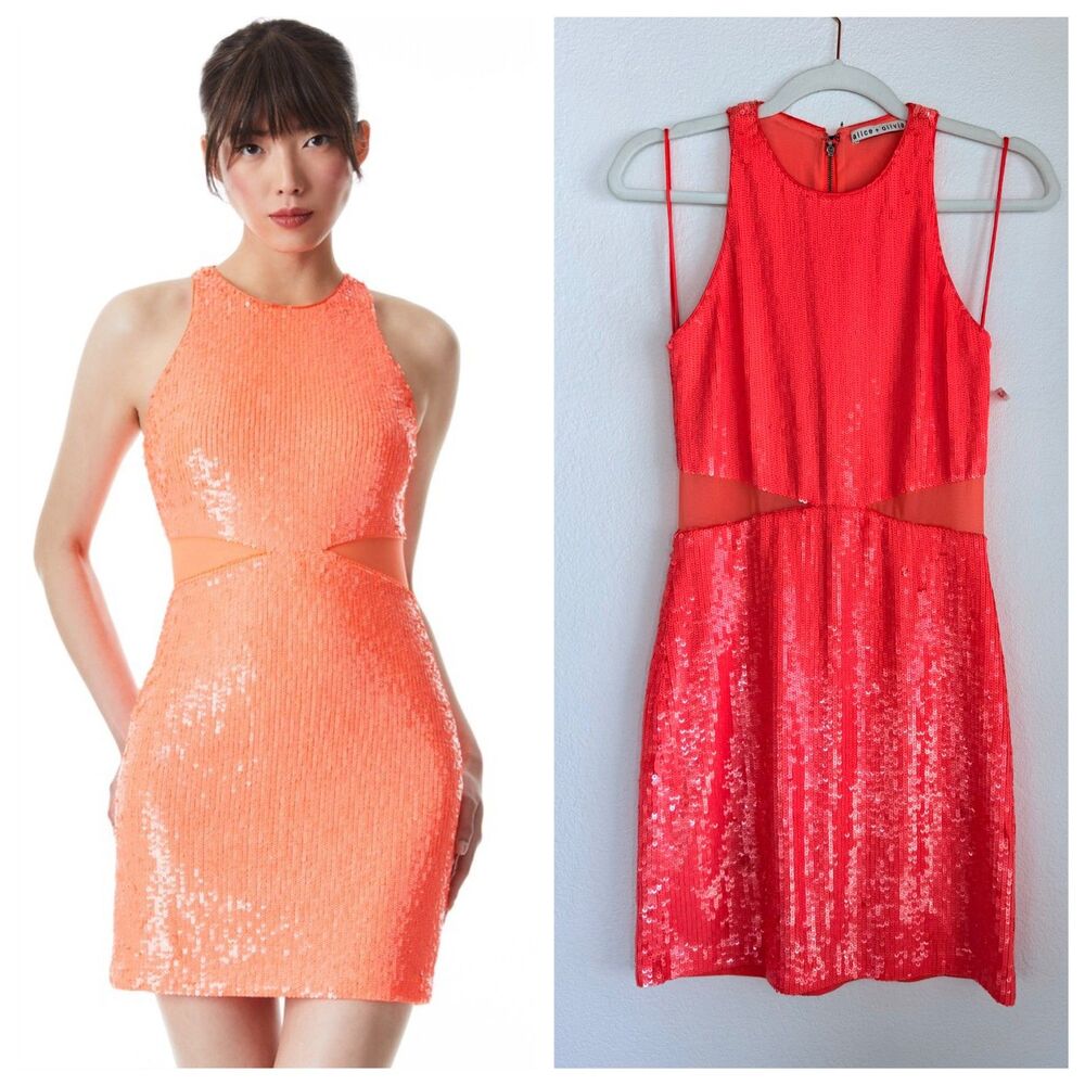 NWT Alice + Olivia Cara Sequin Mesh Cut Out Mini Dress in Bright Coral Size 2